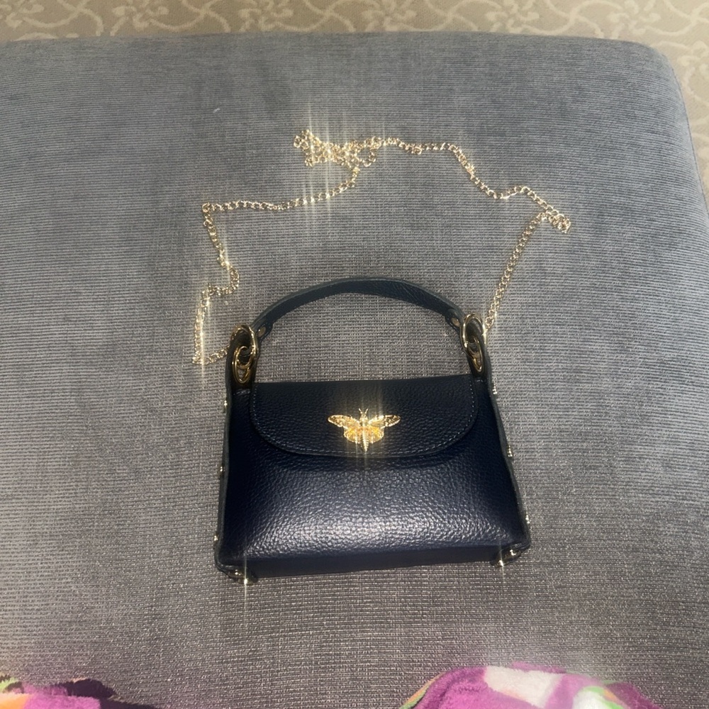 Vera Pelle Navy Little Bee” Bag in Genuine Leather Made in Italy NWOT - Picture 8 of 8